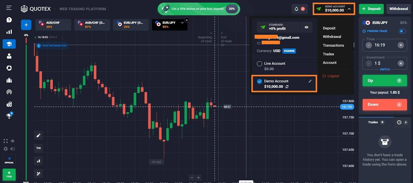 Quotexi demokonto: kuidas kontot avada